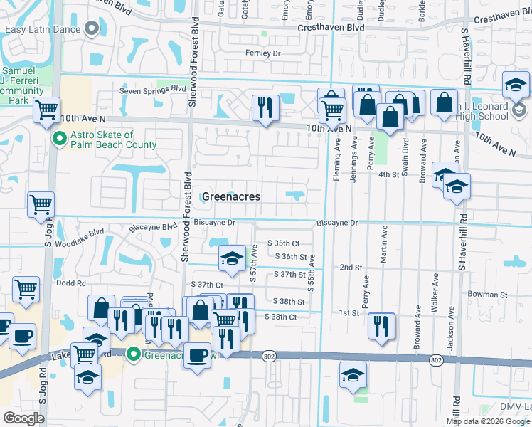 map of restaurants, bars, coffee shops, grocery stores, and more near 304 Pine Ridge Circle in Greenacres