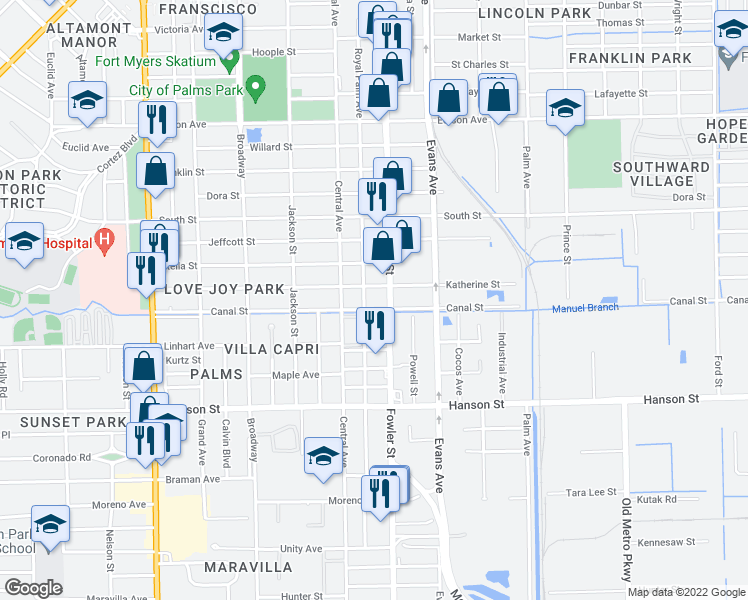 map of restaurants, bars, coffee shops, grocery stores, and more near 10 Canal Street in Fort Myers