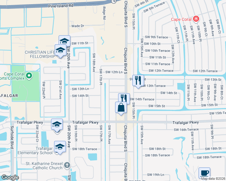 map of restaurants, bars, coffee shops, grocery stores, and more near 1328 Southwest 17th Avenue in Cape Coral