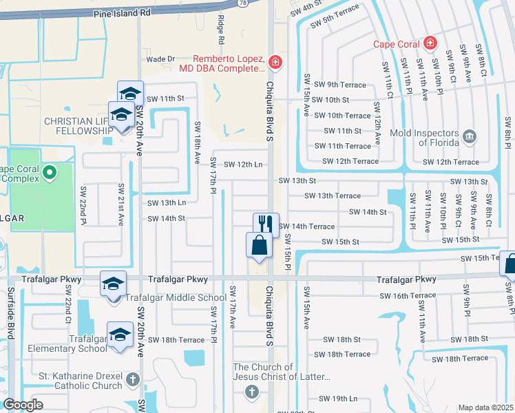 map of restaurants, bars, coffee shops, grocery stores, and more near 1609 Southwest 14th Street in Cape Coral