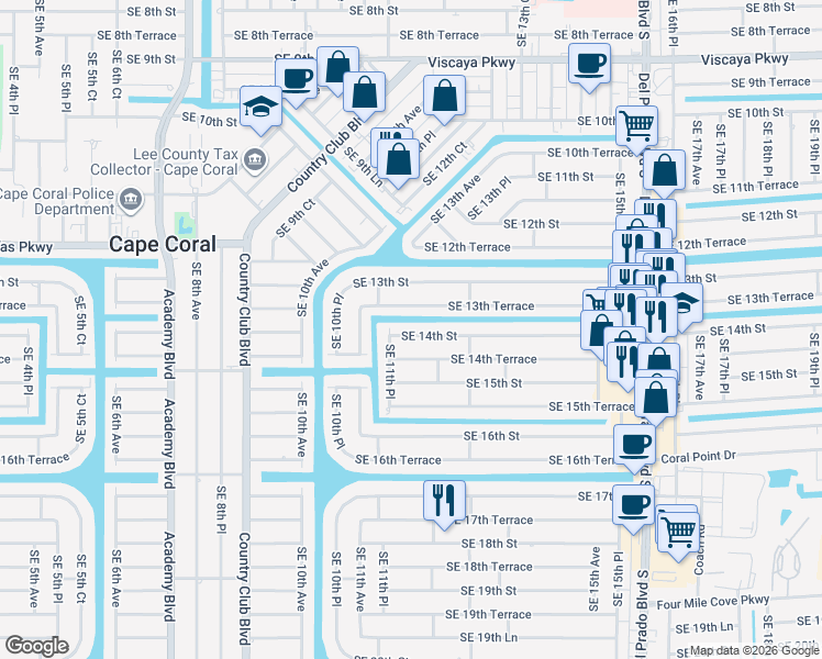 map of restaurants, bars, coffee shops, grocery stores, and more near 1111 Southeast 14th Street in Cape Coral