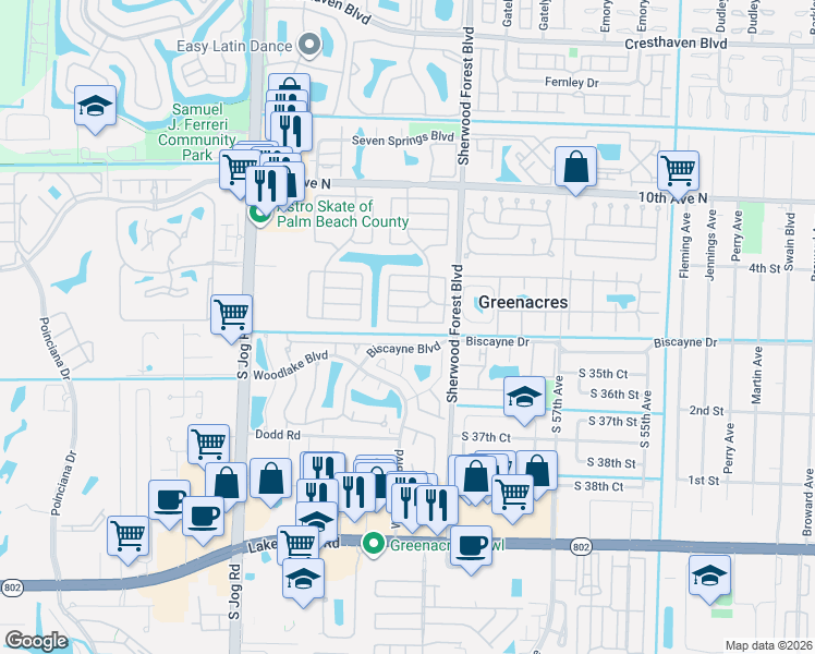 map of restaurants, bars, coffee shops, grocery stores, and more near 6213 Pond Tree Court in Greenacres