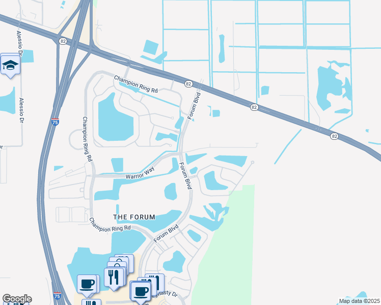 map of restaurants, bars, coffee shops, grocery stores, and more near Forum Blvd in Fort Myers