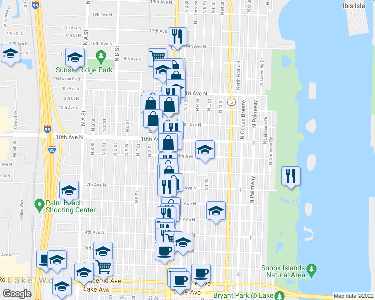 map of restaurants, bars, coffee shops, grocery stores, and more near 906 North K Street in Lake Worth