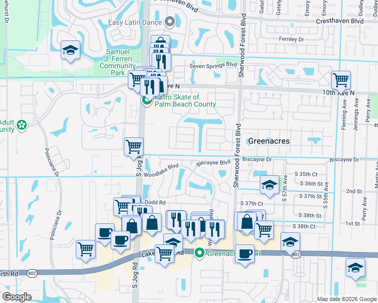 map of restaurants, bars, coffee shops, grocery stores, and more near 237 Wedgewood Circle in Greenacres