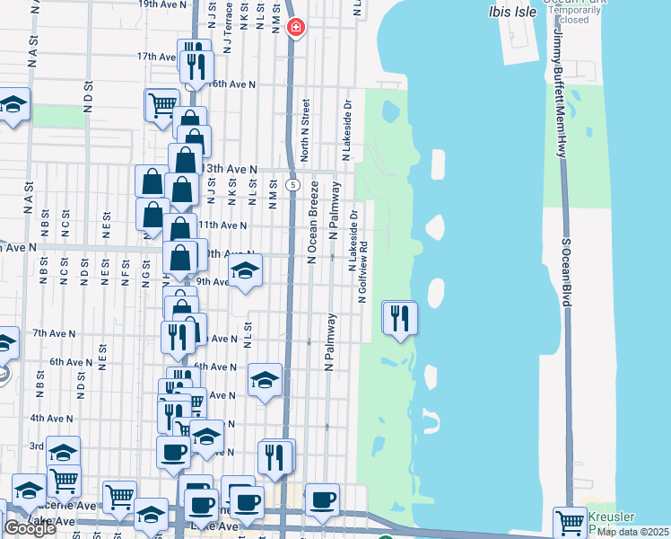 map of restaurants, bars, coffee shops, grocery stores, and more near 918 North Palmway in Lake Worth