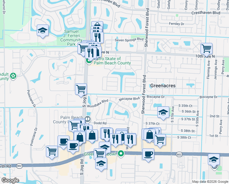 map of restaurants, bars, coffee shops, grocery stores, and more near 6273 Tall Cypress Circle in Greenacres