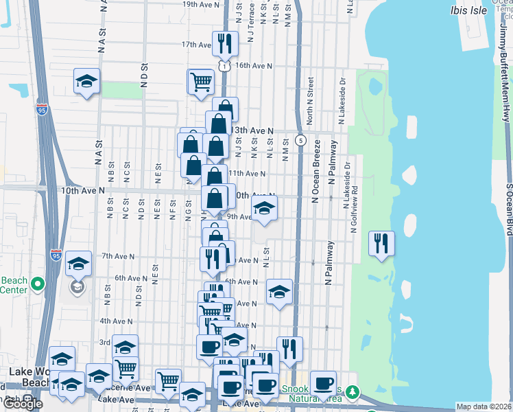 map of restaurants, bars, coffee shops, grocery stores, and more near 906 North K Street in Lake Worth