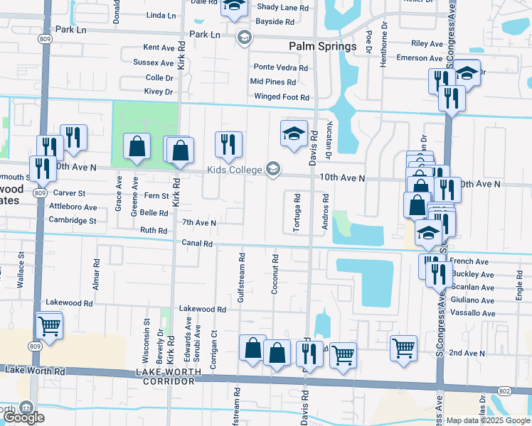 map of restaurants, bars, coffee shops, grocery stores, and more near 3403 Rostan Lane in Lake Worth