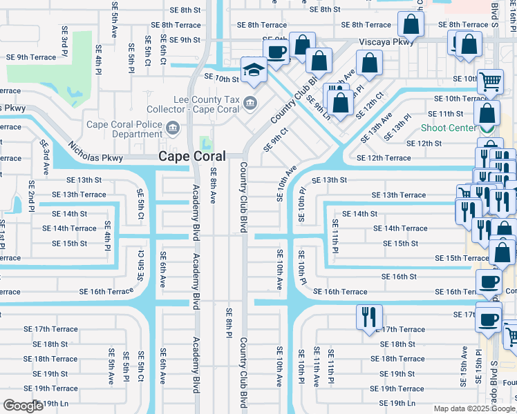 map of restaurants, bars, coffee shops, grocery stores, and more near 914 Southeast 14th Street in Cape Coral