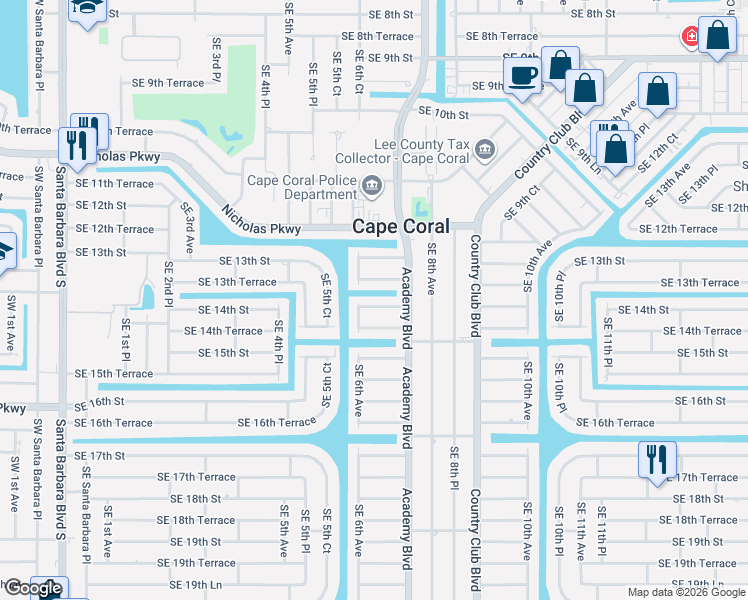 map of restaurants, bars, coffee shops, grocery stores, and more near 602 Southeast 14th Street in Cape Coral