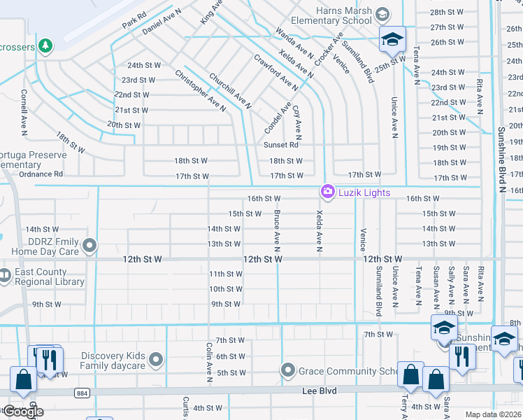 map of restaurants, bars, coffee shops, grocery stores, and more near 3805 15th Street West in Lehigh Acres
