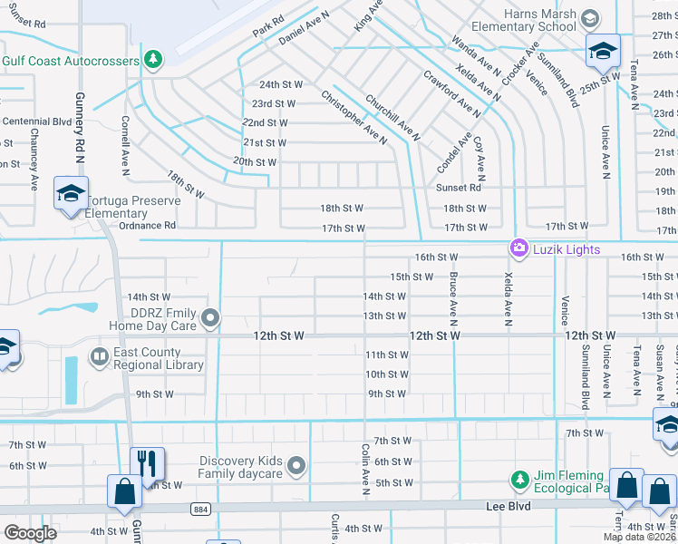 map of restaurants, bars, coffee shops, grocery stores, and more near 4009 15th Street West in Lehigh Acres