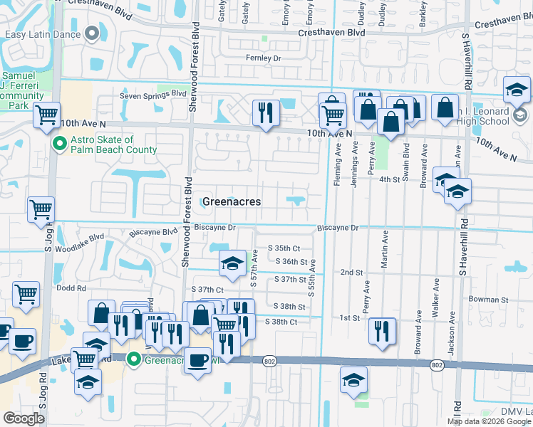 map of restaurants, bars, coffee shops, grocery stores, and more near 304 Pine Ridge Circle in Greenacres