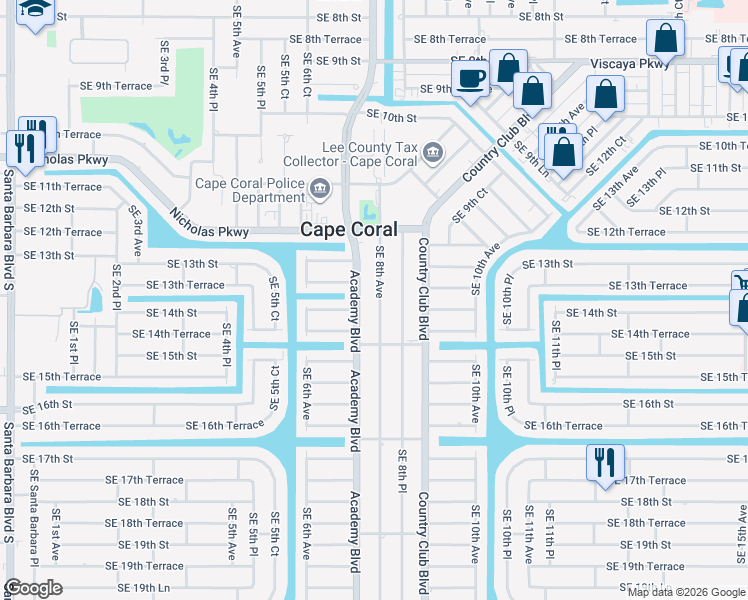 map of restaurants, bars, coffee shops, grocery stores, and more near 1402 Southeast 8th Avenue in Cape Coral