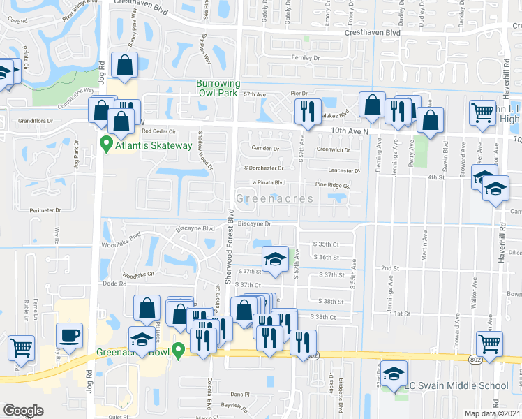 map of restaurants, bars, coffee shops, grocery stores, and more near 3625 La Aires Court in Greenacres