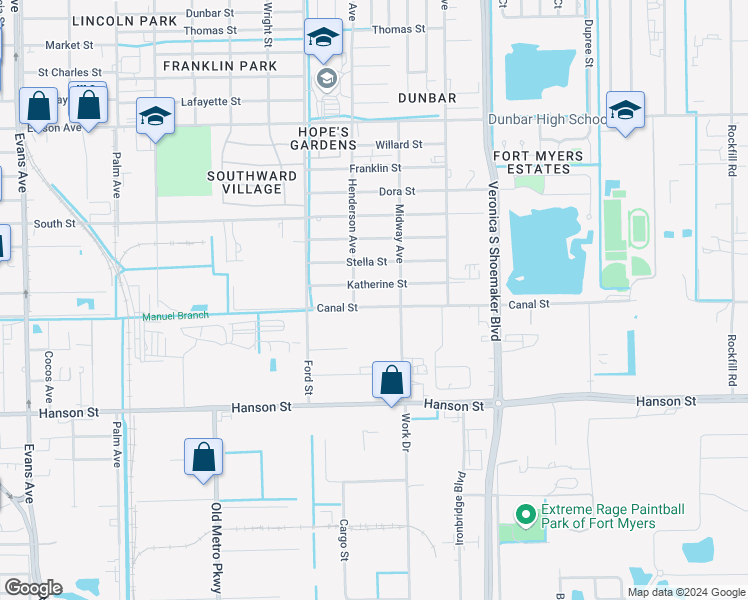 map of restaurants, bars, coffee shops, grocery stores, and more near 3341 Canal Street in Fort Myers
