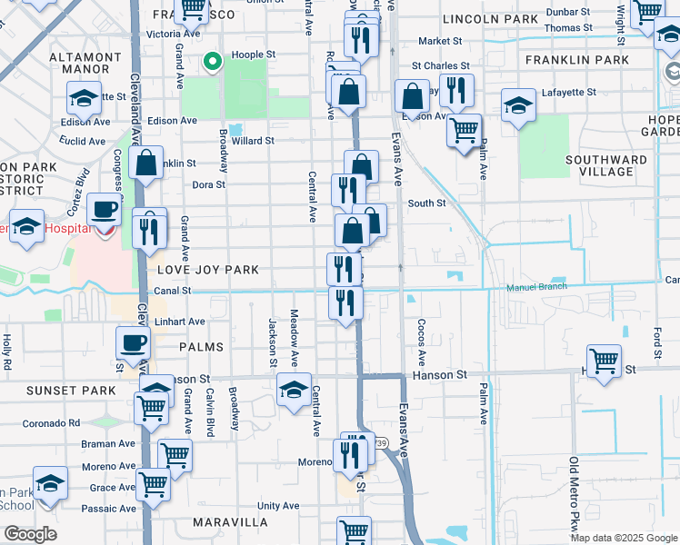 map of restaurants, bars, coffee shops, grocery stores, and more near 10 Canal Street in Fort Myers