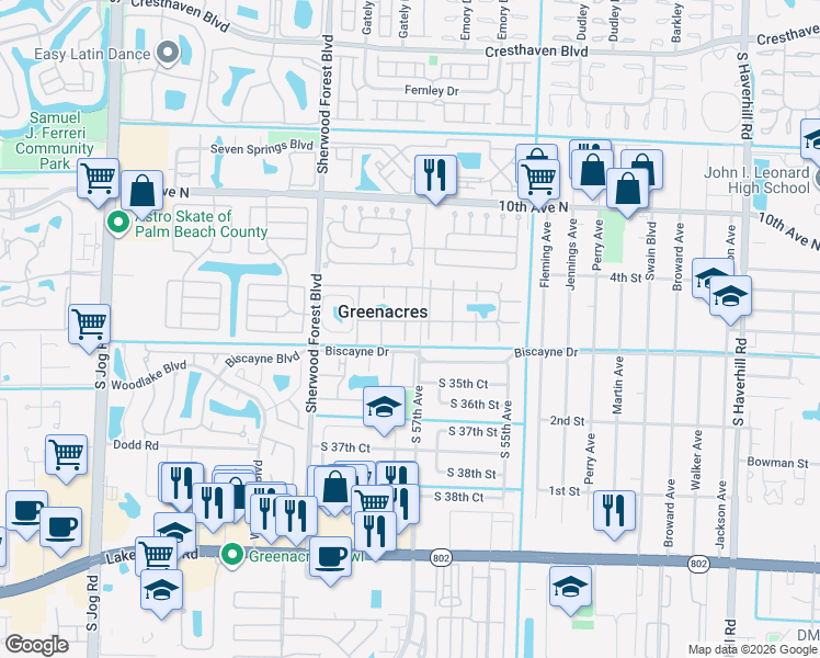 map of restaurants, bars, coffee shops, grocery stores, and more near 3623 La Playas Court in Greenacres