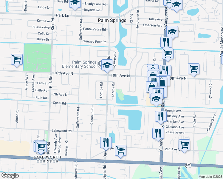 map of restaurants, bars, coffee shops, grocery stores, and more near 50 Andros Road in Palm Springs