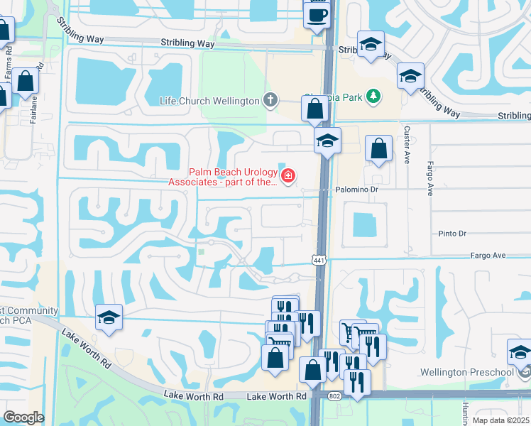 map of restaurants, bars, coffee shops, grocery stores, and more near 10235 Wellington Parc Drive in Wellington