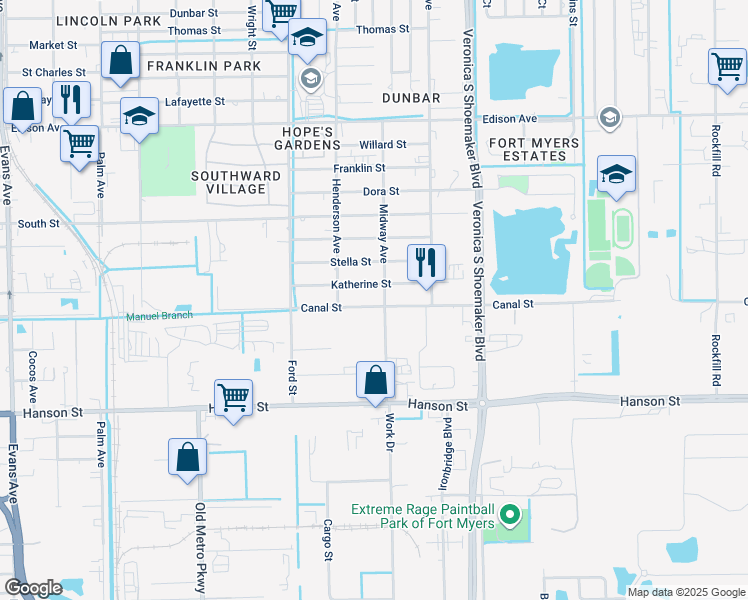 map of restaurants, bars, coffee shops, grocery stores, and more near 3341 Canal Street in Fort Myers