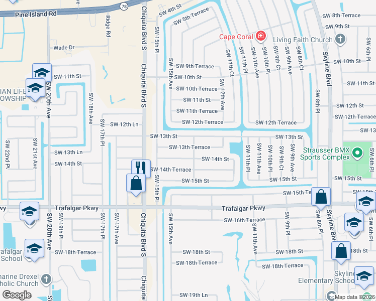 map of restaurants, bars, coffee shops, grocery stores, and more near 1406 Southwest 13th Street in Cape Coral