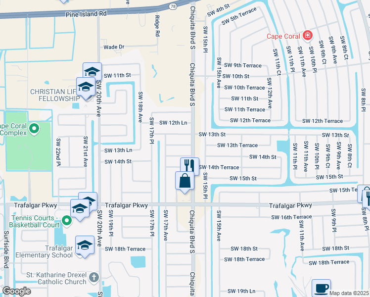 map of restaurants, bars, coffee shops, grocery stores, and more near 1610 Southwest 14th Street in Cape Coral