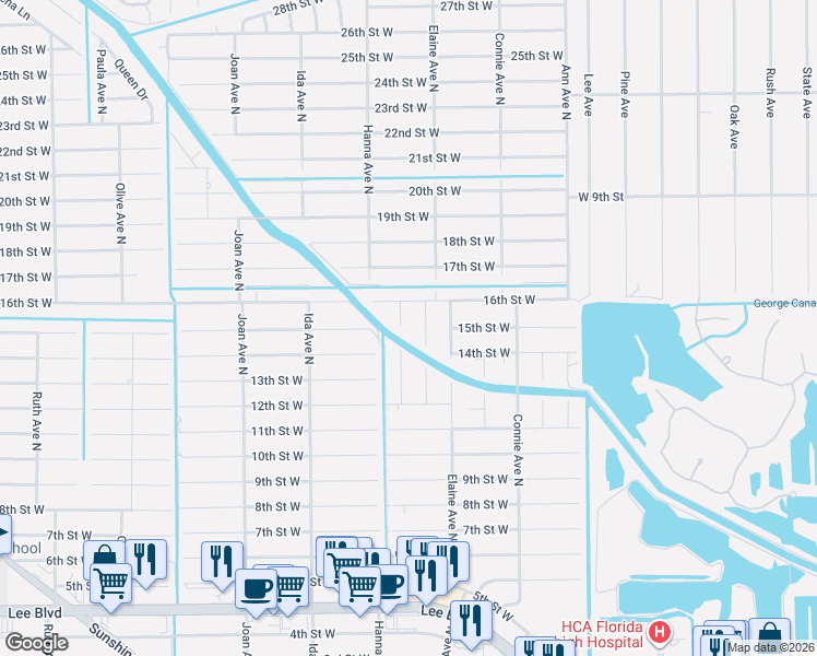 map of restaurants, bars, coffee shops, grocery stores, and more near 1401 Flora Avenue North in Lehigh Acres