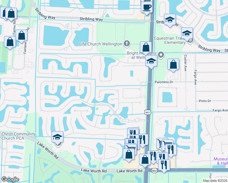 map of restaurants, bars, coffee shops, grocery stores, and more near 10411 Saint Germain Court in Wellington