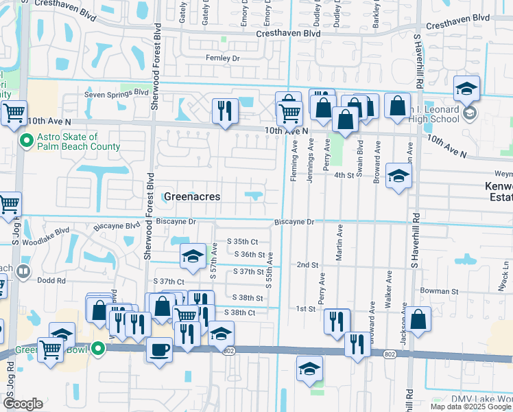 map of restaurants, bars, coffee shops, grocery stores, and more near 310 Pine Ridge Circle in Greenacres