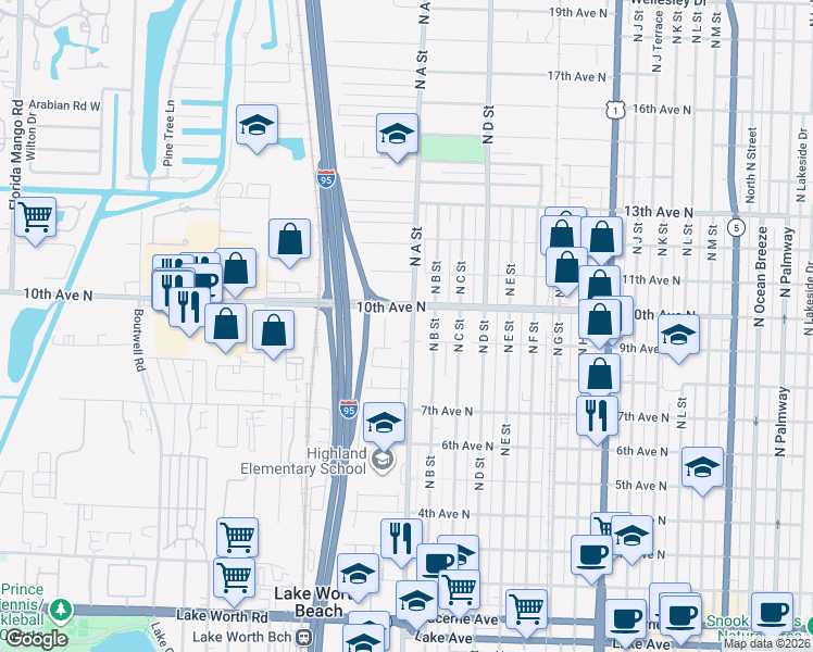 map of restaurants, bars, coffee shops, grocery stores, and more near 907 North A Street in Lake Worth Beach