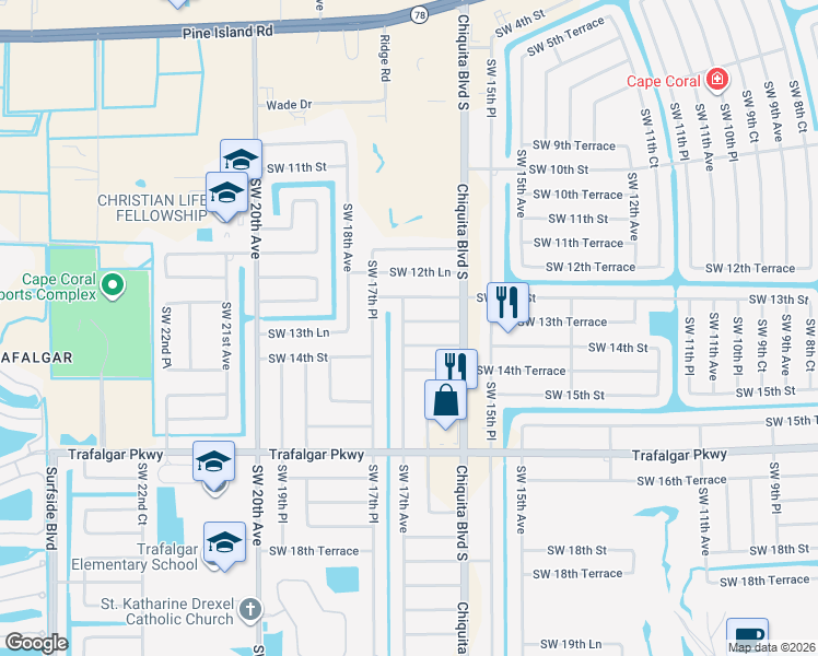 map of restaurants, bars, coffee shops, grocery stores, and more near 1328 Southwest 17th Avenue in Cape Coral