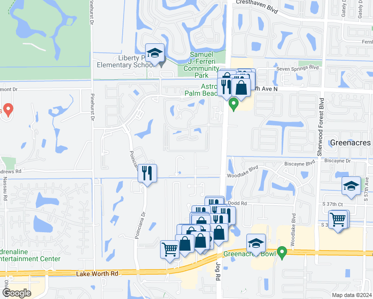 map of restaurants, bars, coffee shops, grocery stores, and more near 3473 Chickasaw Circle in Greenacres