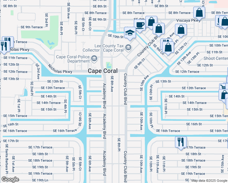 map of restaurants, bars, coffee shops, grocery stores, and more near 1402 Southeast 8th Avenue in Cape Coral