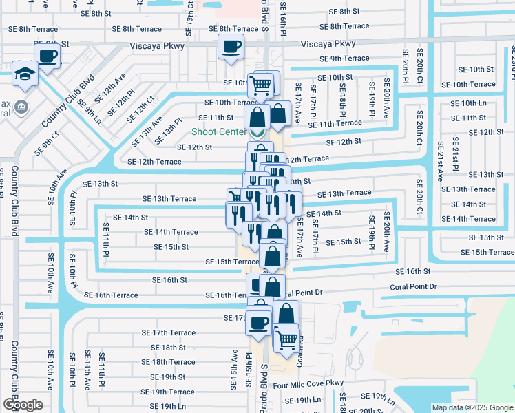 map of restaurants, bars, coffee shops, grocery stores, and more near 155 Southeast 14th Street in Cape Coral