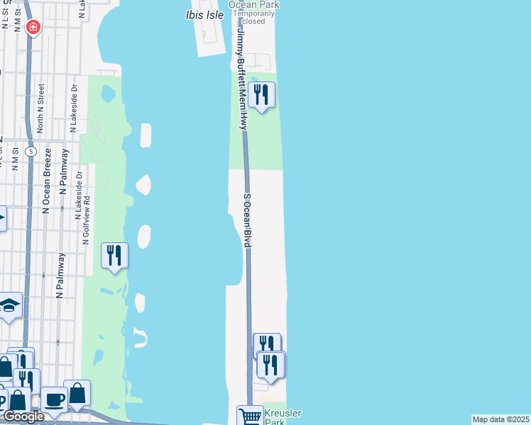 map of restaurants, bars, coffee shops, grocery stores, and more near 2580 South Ocean Boulevard in Palm Beach