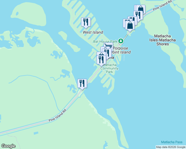 map of restaurants, bars, coffee shops, grocery stores, and more near 2707 Pine Street in Matlacha