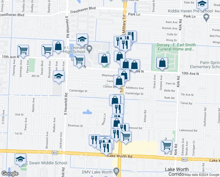 map of restaurants, bars, coffee shops, grocery stores, and more near 4598 Clinton Boulevard in Lake Worth
