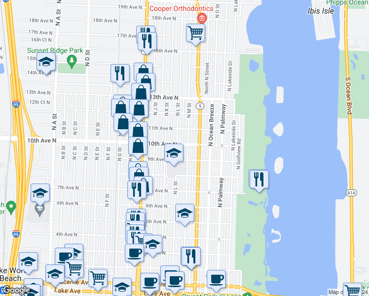 map of restaurants, bars, coffee shops, grocery stores, and more near 501 10th Avenue North in Lake Worth