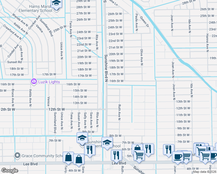 map of restaurants, bars, coffee shops, grocery stores, and more near 3326 14th Street West in Lehigh Acres