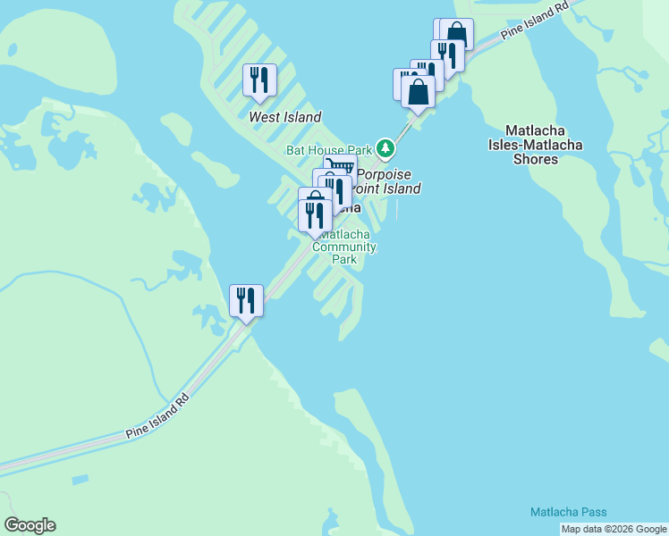 map of restaurants, bars, coffee shops, grocery stores, and more near 2597 Second Street in Matlacha