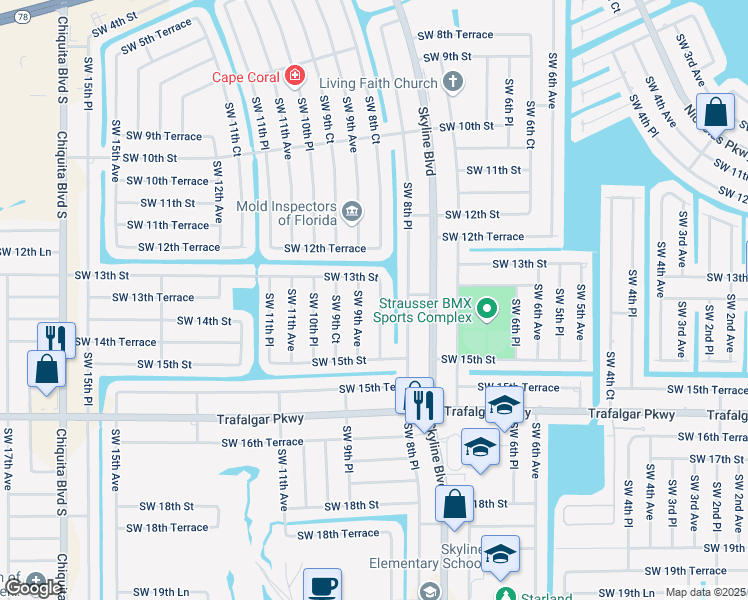 map of restaurants, bars, coffee shops, grocery stores, and more near 1316 Southwest 8th Court in Cape Coral