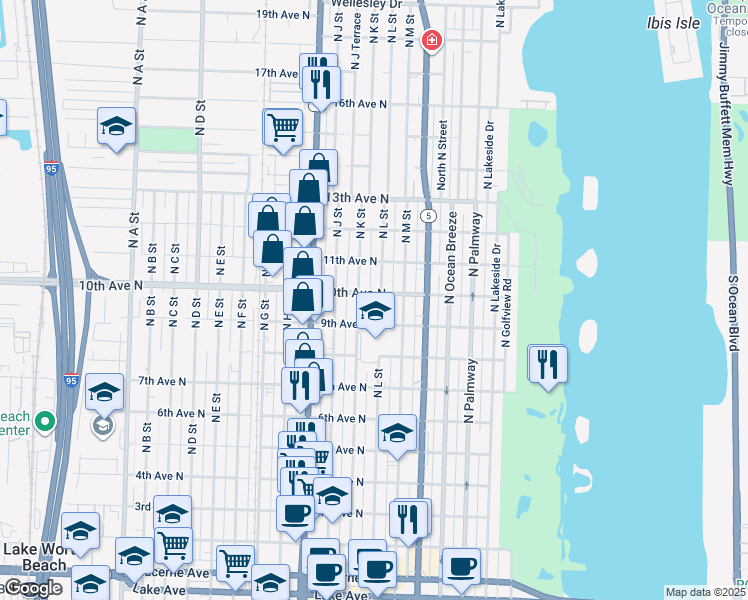 map of restaurants, bars, coffee shops, grocery stores, and more near 906 North K Street in Lake Worth