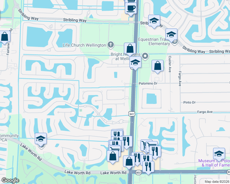 map of restaurants, bars, coffee shops, grocery stores, and more near 10127 Wellington Parc Drive in Wellington