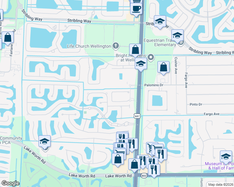 map of restaurants, bars, coffee shops, grocery stores, and more near 10343 Wellington Parc Drive in Wellington