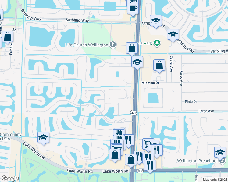 map of restaurants, bars, coffee shops, grocery stores, and more near 10235 Wellington Parc Drive in Wellington