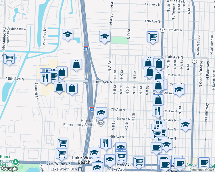 map of restaurants, bars, coffee shops, grocery stores, and more near 909 North A Street in Lake Worth Beach