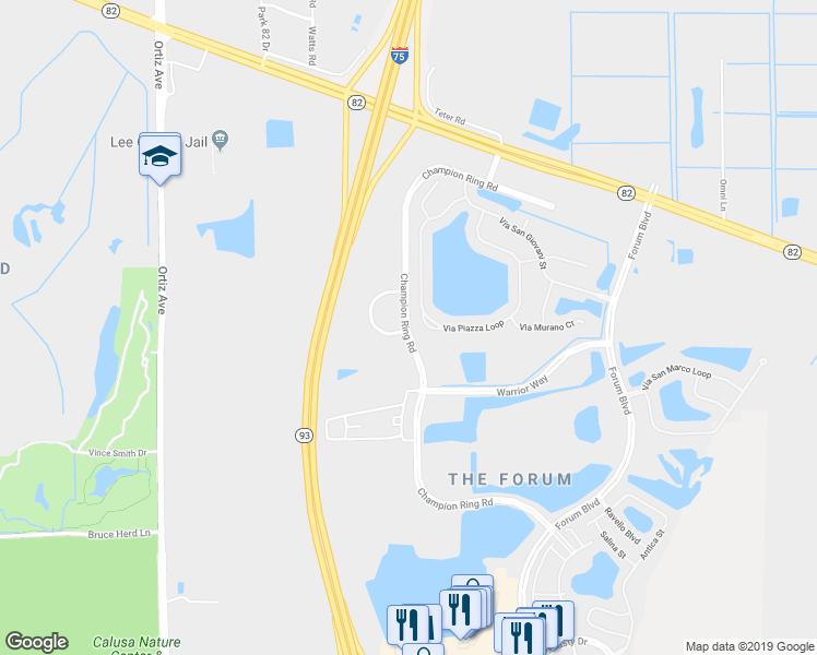 map of restaurants, bars, coffee shops, grocery stores, and more near Champion Ring Road in Fort Myers