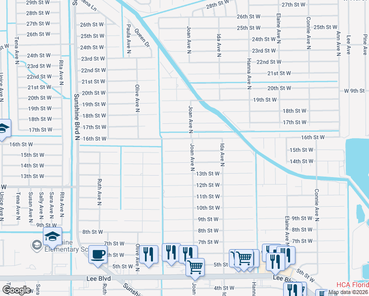 map of restaurants, bars, coffee shops, grocery stores, and more near 3002 16th Street West in Lehigh Acres